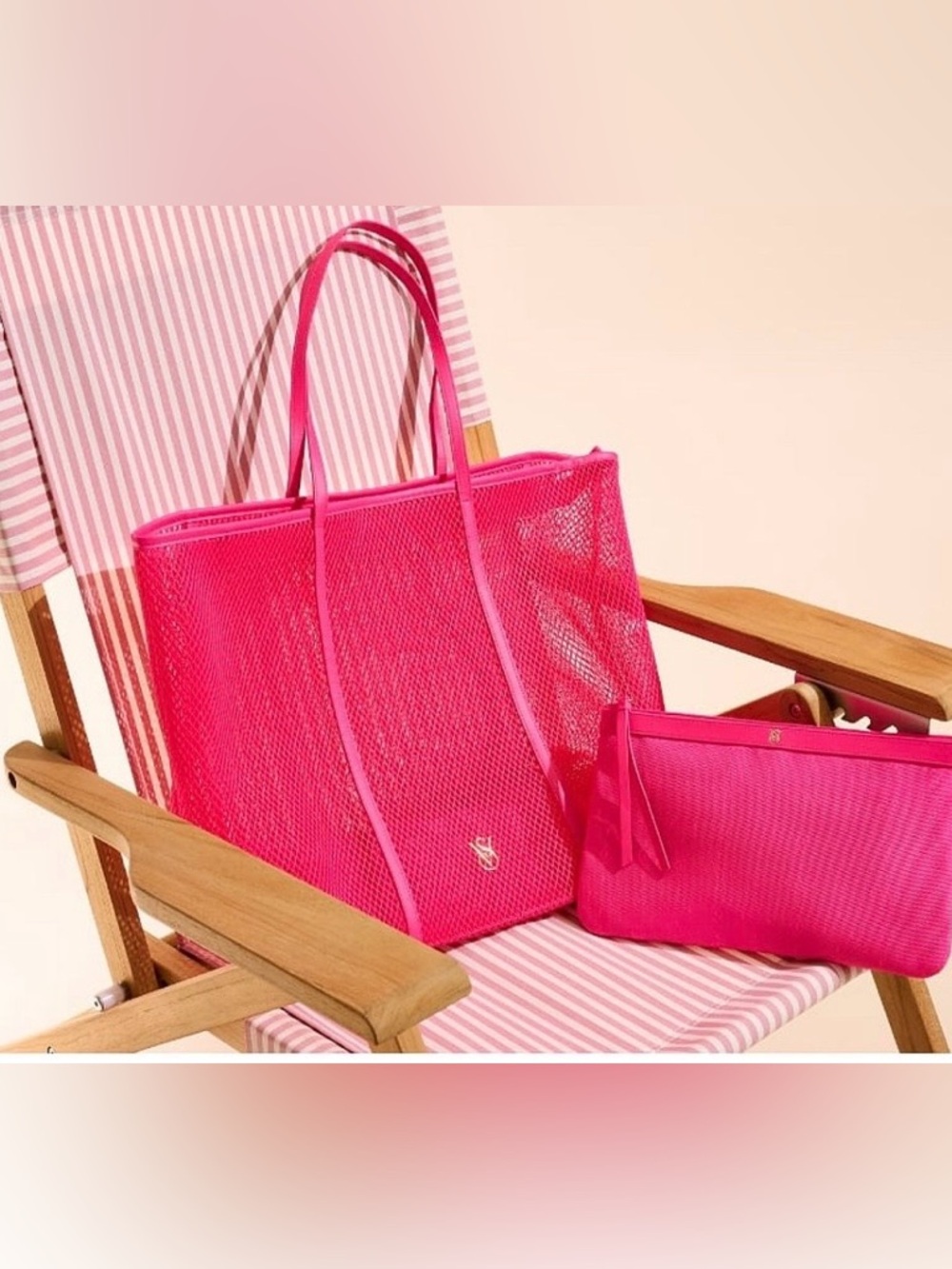 🆕 Victorias Secret Bright Pink Mesh Tote Bag with Pouch